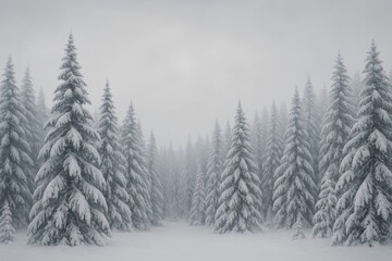 Fototapeta premium Enchanting Winter Forest with Snow-Covered Pine Trees Under a Soft, Overcast Sky, a Serene Nature Scene