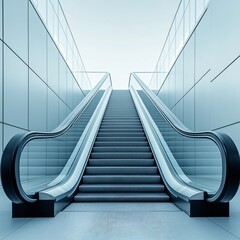 Modern Minimalist Architecture. Futuristic Glass and Metal Escalator Design in an Urban Commercial Building Interior