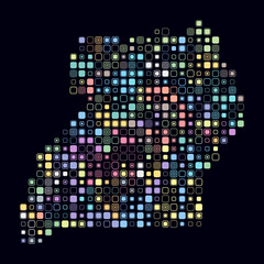 Uganda, shape of the country built of colored cells. Digital style map of Uganda on dark background. Large size rounded square blocks. Modern vector illustration.