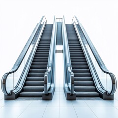 Modern Indoor Escalator and Staircase. A Contemporary Urban Architecture Masterpiece with Glass and Metal Minimalism.
