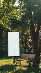 white vertical board poster standing on the grass of the city park area,
