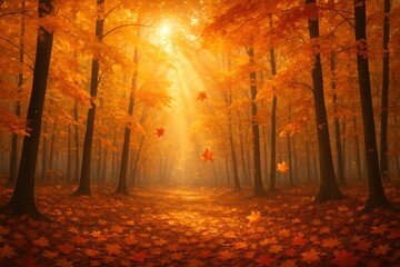 Fototapeta premium Vibrant Golden Autumn Forest Scene with Sunlight Filtering Through Trees and Colorful Maple Leaves Falling Gently to the Ground