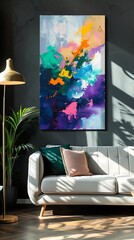 Abstract canvas wall art hangs on the wall of a modern living room,room,business,table