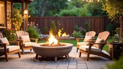 Warm backyard ambiance featuring a glowing fire pit, string lights, Adirondack chairs, and lush green landscaping for cozy outdoor gatherings