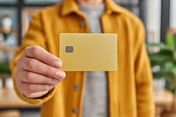 Person holding gold credit card symbolizing digital economy and modern financial transactions in casual indoor setting.