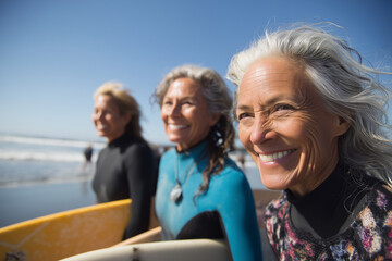 Happy senior women surfers on beach
