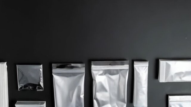 Arrangement of various sized plastic bags on a dark grey surface with transparent, ziplock, and sealable packaging for retail and storage solutions