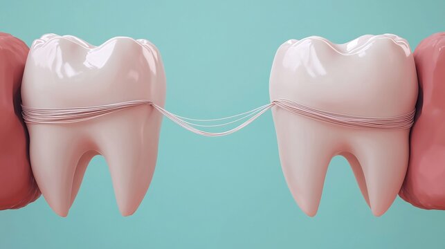Concept image of dental floss forming a bridge between two healthy teeth symbolizing the connection between oral health and overall well being