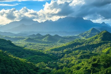 Fototapeta premium Serene Mountain Valley Landscape. Explore the Greenery and Scenic Peaks at Sunset in an Idyllic National Park
