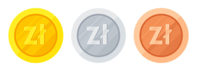 Set of gold, silver and copper coins with Polish złoty sign (zł). Economy, finance, investment, profit, money, PLN currency concept. Flat vector illustration isolated on white background