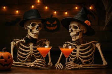 Humorous Halloween Scene Skeletons Couple Dressed Up Enjoying Orange Cocktails at a Spooky Bar