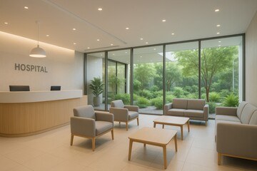 Modern hospital reception area with a sleek curved desk, comfortable seating, and large windows overlooking a healing garden, soft ambient lighting creating a calm atmosphere.