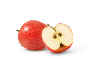 Pink apple and a cut isolated. Fresh red apple with half isolated.