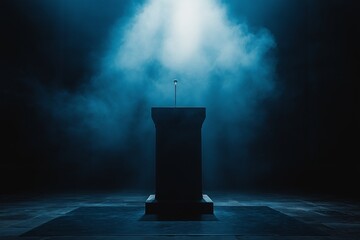 Dramatic Lighting for Public Speaking. Podium in Spotlight on Stage with Smoke and Dark Background