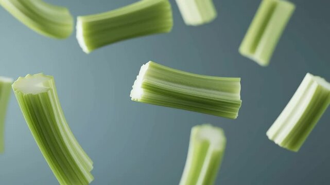 Flying celery sticks, soft shadow, copy space, slow motion