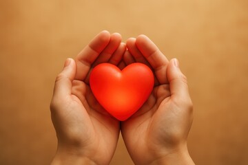 Fototapeta premium Caring Hands Gently Holding a Glowing Red Heart Symbolizing Love Charity Health and Valentine Day Celebration