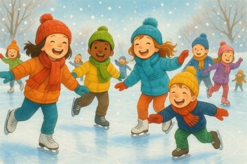 Fototapeta premium Children Joyful Winter Fun Kids in Colorful Attire Ice Skating and Laughing on an Outdoor Rink