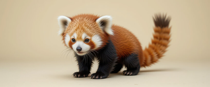 Red panda standing on beige studio background with realistic fur texture and natural body proportions, photorealistic animal pose captured in high-resolution lighting environment