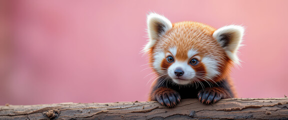 Obraz premium Red panda resting paws on log with realistic fur and calm expression, photorealistic wildlife portrait in natural setting with soft lighting and shallow depth of field background