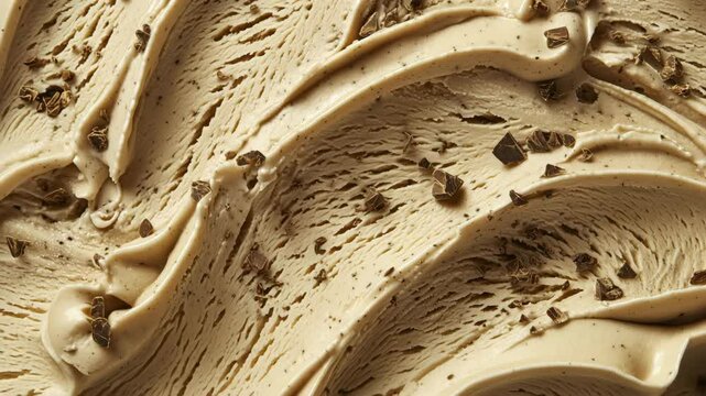 Coffee ice cream texture with chocolate pieces in closeup, top view background