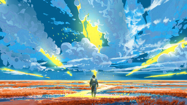 Fototapeta A solitary traveler in a futuristic suit walks across a wide open red field beneath dramatic glowing rifts in the sky and swirling clouds, digital art style, illustration painting
