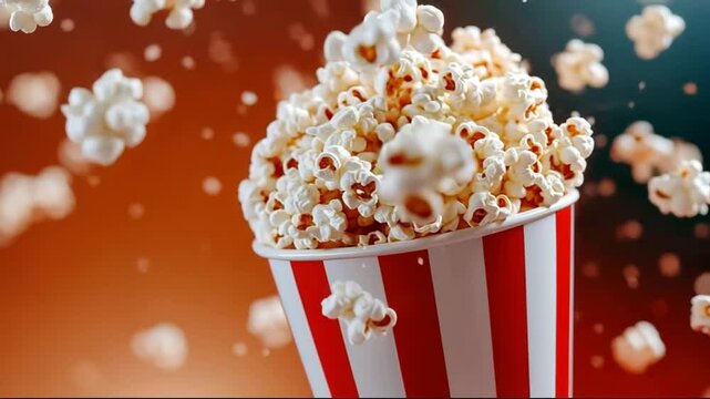 Popcorn in classic red and white striped container, red background, ultra slow motion