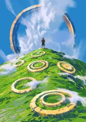 Fototapete A traveler reaches the top of a grassy hill scattered with ancient stone rings, facing a massive circular portal opening through the clouds above, digital art style, illustration painting © grandfailure