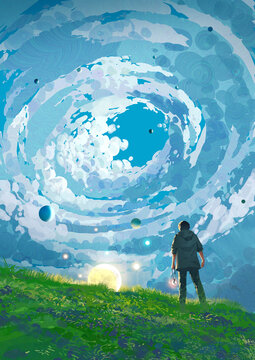 Fototapeta A man stands on a green hill under a surreal spiral sky filled with glowing planets and a small distant moon on the horizon, digital art style, illustration painting