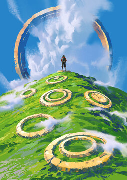 Fototapeta A traveler reaches the top of a grassy hill scattered with ancient stone rings, facing a massive circular portal opening through the clouds above, digital art style, illustration painting