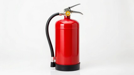 Fototapeta premium A bright red fire extinguisher, a crucial piece of safety equipment, stands prominently upright against a crisp, clean white background, highlighting its essential role in fire suppression