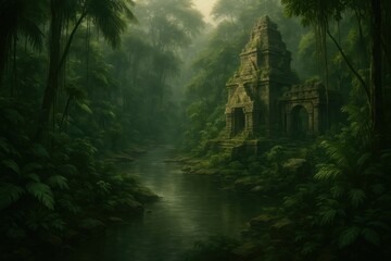 Fototapeta premium Mysterious Jungle Temple Ancient Stone Ruins Overgrown with Lush Vegetation Beside a Serene Rainforest River