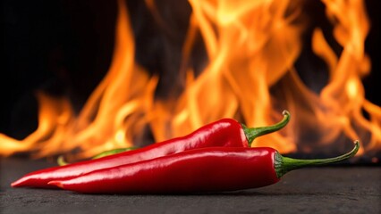 This striking shot features "a pair of fiery red jalape&ntilde;o peppers positioned in the foreground, with blurred yet vibrant orange and yellow flames in the background, symbolizing extreme spice