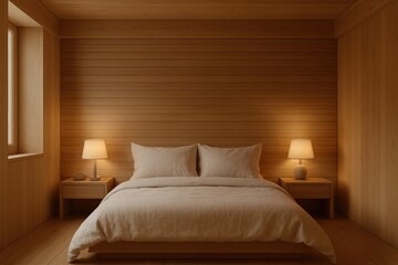 Fototapeta premium Serene Modern Wooden Bedroom Interior Minimalist Design with Natural Materials and Warm Lighting Cozy Ambiance