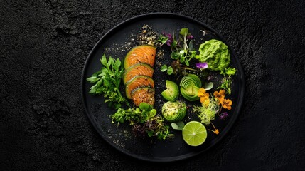 Salmon carpaccio with avocado rosettes and lime halves on textured black plate