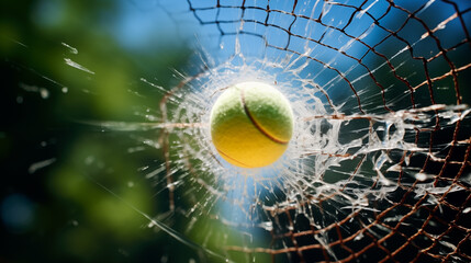 A tennis ball breaks a tennis net at high speed. AI Generated	
