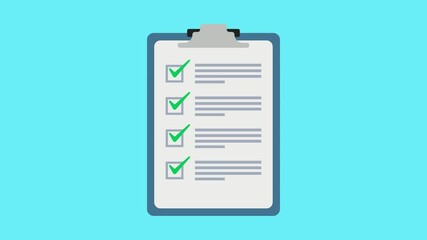 clipboard with check mark sign tick on check box on checklist paper on blue screen background. approved report and task reminder animation concept