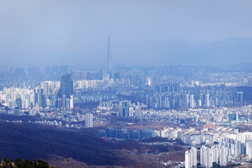 Panoramic View of Seoul City from Gwanak Mountain, Featuring Lotte World Tower in Jamsil, Songpa-gu, South Korea
