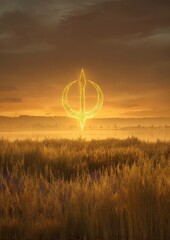 Mystical symbol floating above golden field at sunset evoking fantasy themes