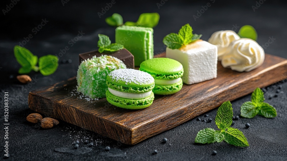 Poster macarons and mini cakes arranged artistically with mint on a rustic board