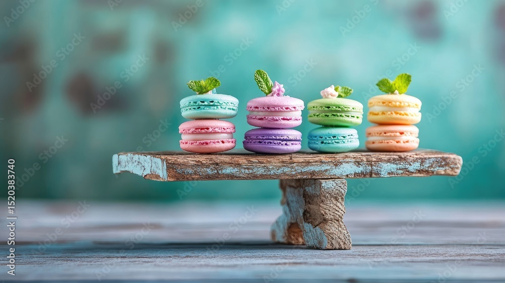 Poster macarons and mini cakes arranged artistically with mint on a rustic board