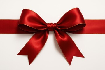 Fototapeta premium Elegant Red Satin Ribbon Tied in a Perfect Bow with Golden Edges, isolated on a clean white background, ideal for gift wrapping, awards, or celebratory designs
