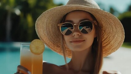 Elegant woman enjoys refreshing cocktail poolside in sunhat and sunglasses video - Powered by Adobe