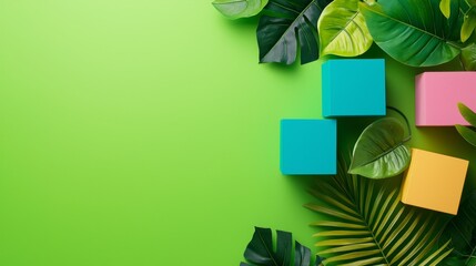 Vibrant Tropical Greenery with Colorful Blocks on a Bright Green Background
