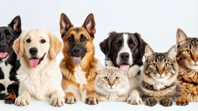 Six domestic animals posing together, including dogs of varied breeds and two fluffy cats, against a plain white background.