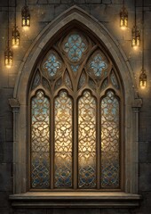 Fototapeta premium Ornate Gothic Window and Illuminated Lanterns: A Timeless Architectural Scene Depicting History