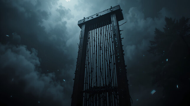 Horror view of Guillotine. Close-up of a guillotine on a dark foggy background.