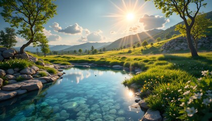 Serene Landscape with Sunlight Reflection on Calm Water Body