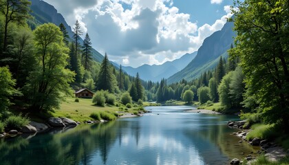 Serene Mountain Landscape with Lush Forest and Calm River Scene