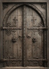 Detailed ancient wooden door with gothic architecture and weathered textured surface