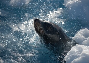 Obraz premium Sea Lion Emerging from Icy Waters: A close-up of a captivating marine mammal